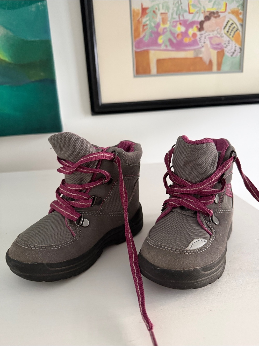 Kids Gray and Pink Lace-Up Outdoor Winter Boots Size 22